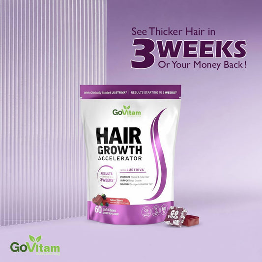 Hair Growth Accelerator Soft Chews, GoVitam® Hair Growth Vitamins for Women and Men with Clinically Studied Lustriva and Biotin, Promotes Thicker, Fuller, Stronger Hair, Mixed Berry, 60 Soft Chews