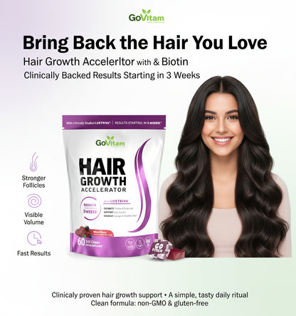 Hair Growth Accelerator Soft Chews, GoVitam® Hair Growth Vitamins for Women and Men with Clinically Studied Lustriva and Biotin, Promotes Thicker, Fuller, Stronger Hair, Mixed Berry, 60 Soft Chews