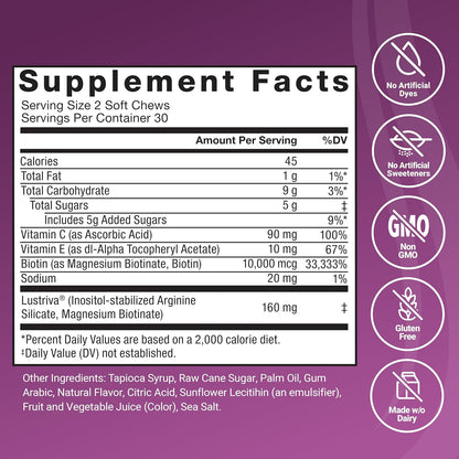 Hair Growth Accelerator Soft Chews, GoVitam® Hair Growth Vitamins for Women and Men with Clinically Studied Lustriva and Biotin, Promotes Thicker, Fuller, Stronger Hair, Mixed Berry, 60 Soft Chews