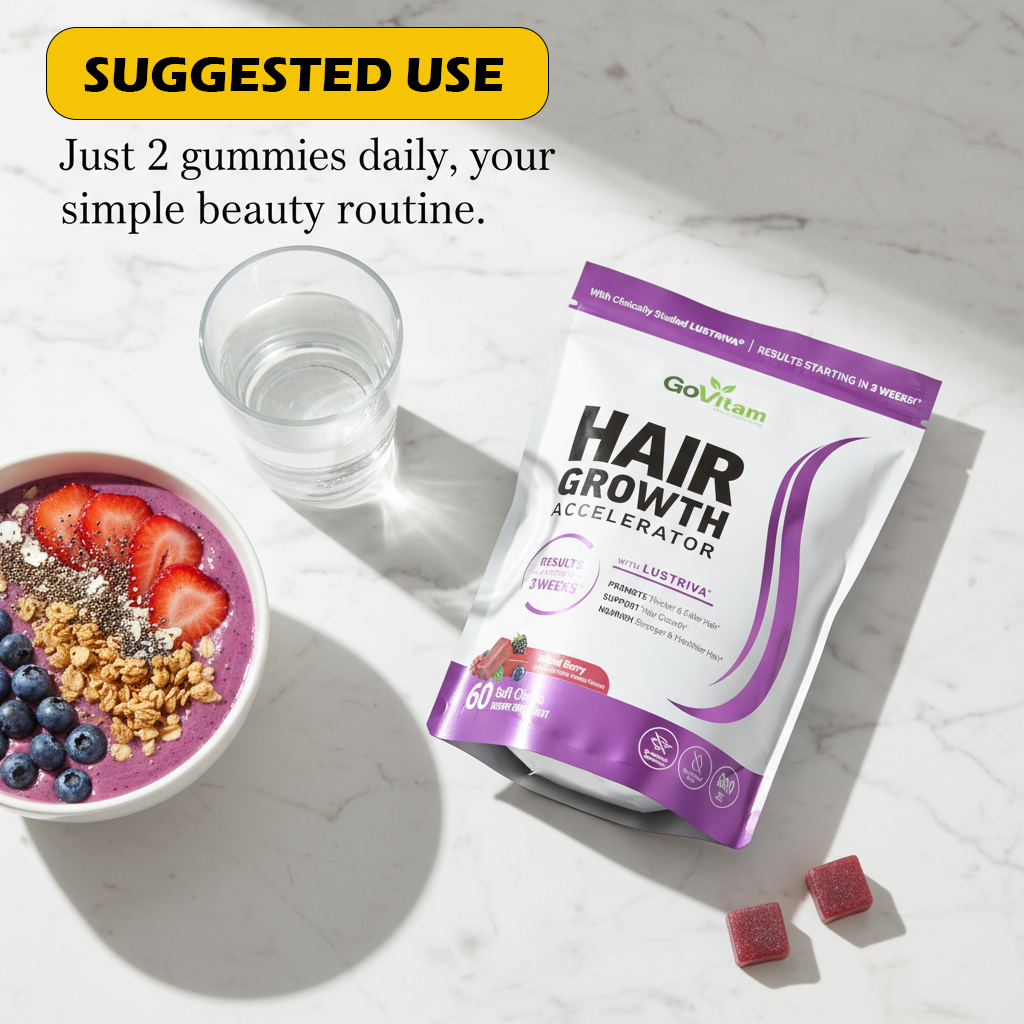 Hair Growth Accelerator Soft Chews, GoVitam® Hair Growth Vitamins for Women and Men with Clinically Studied Lustriva and Biotin, Promotes Thicker, Fuller, Stronger Hair, Mixed Berry, 60 Soft Chews